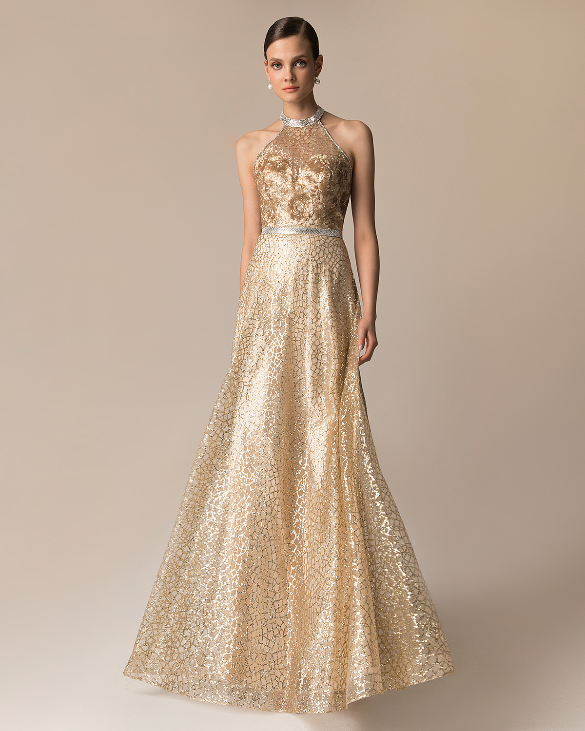 Evening Dresses / Long evening fully beaded dress with shining fabric and open back