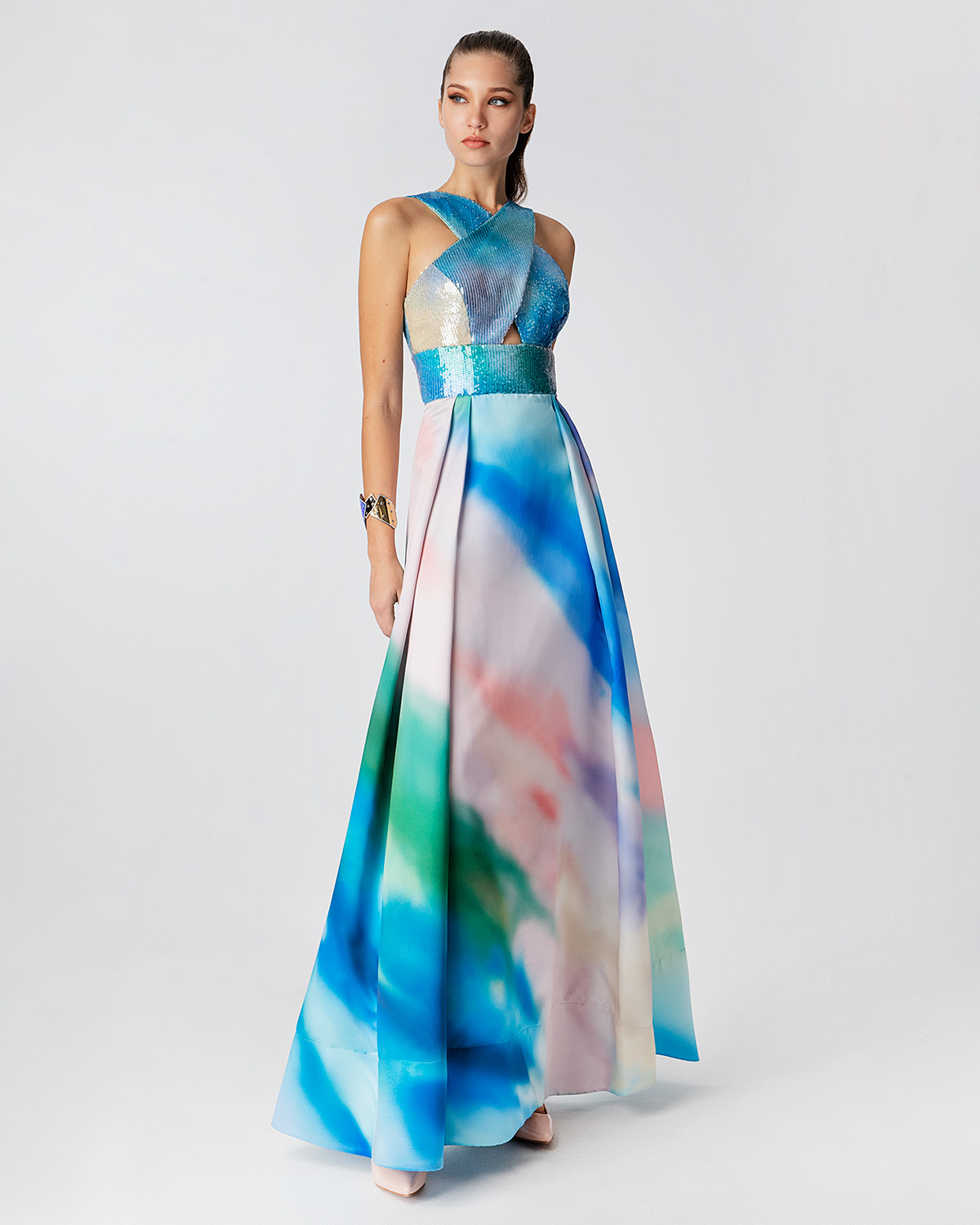 Cocktail Dresses / Long printed satin dress with top of printed sequence