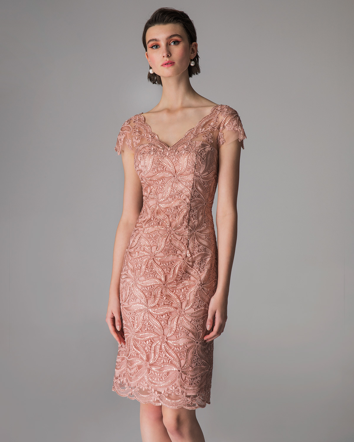Classic Dresses / Short evening lace dress with short sleeves