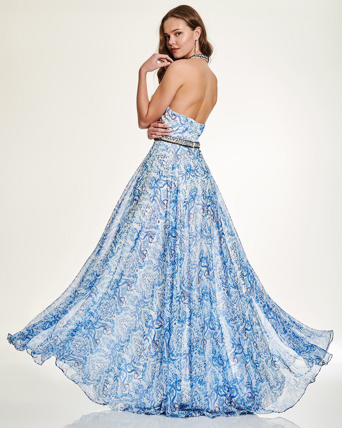 Cocktail Dresses / Cocktail long print dress with beading on the neck and waist