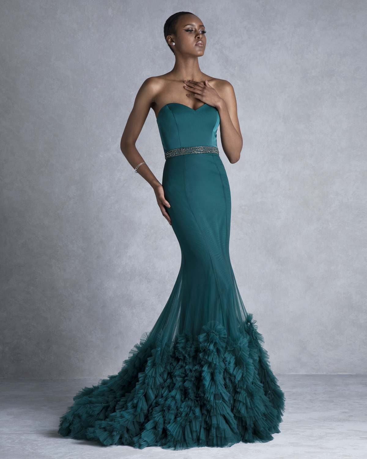 Evening Dresses / Long evening strapless with beaded belt and ruffles at hem