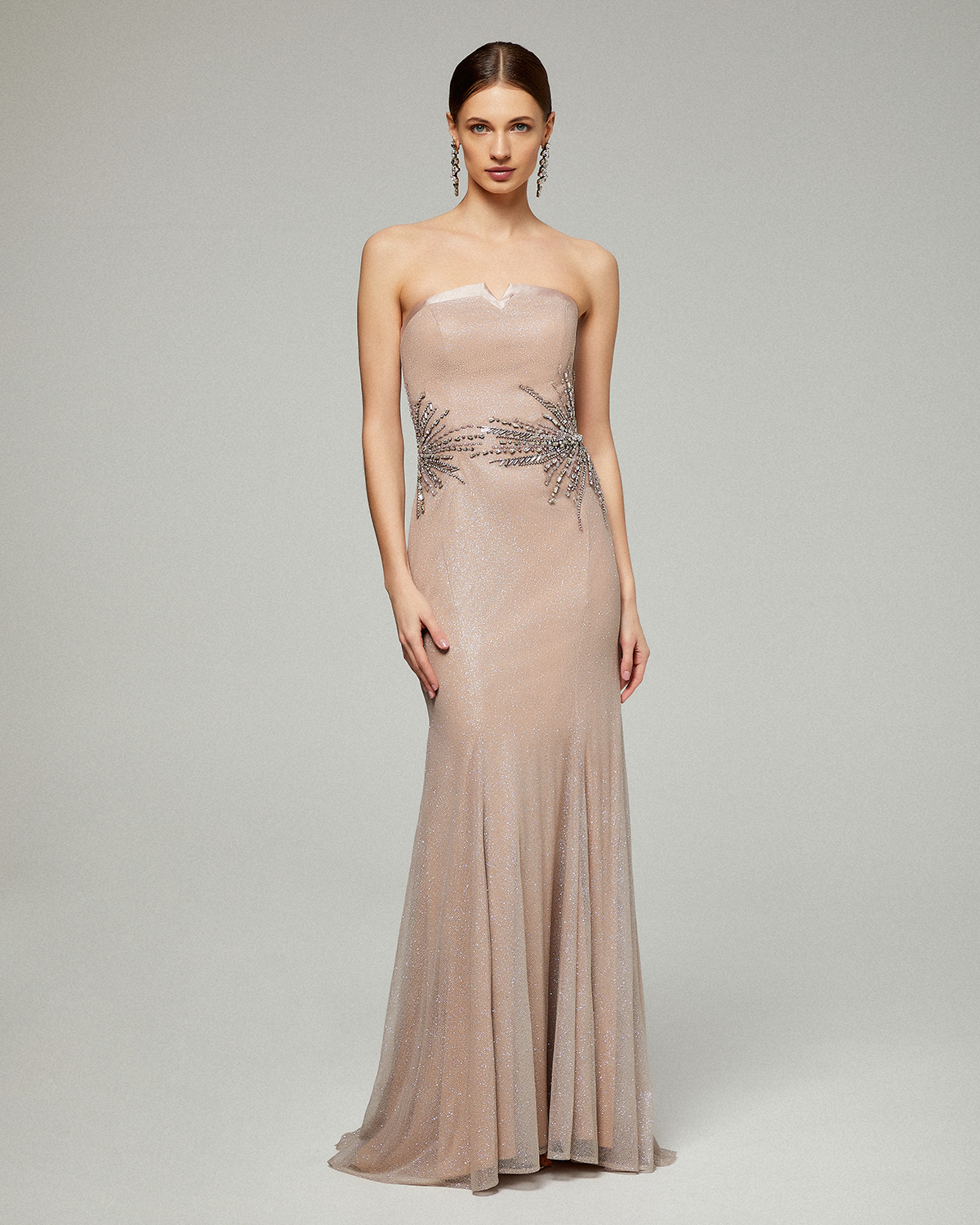 Evening Dresses / Long evening satin strapless dress with shining fabric and beading on the waist