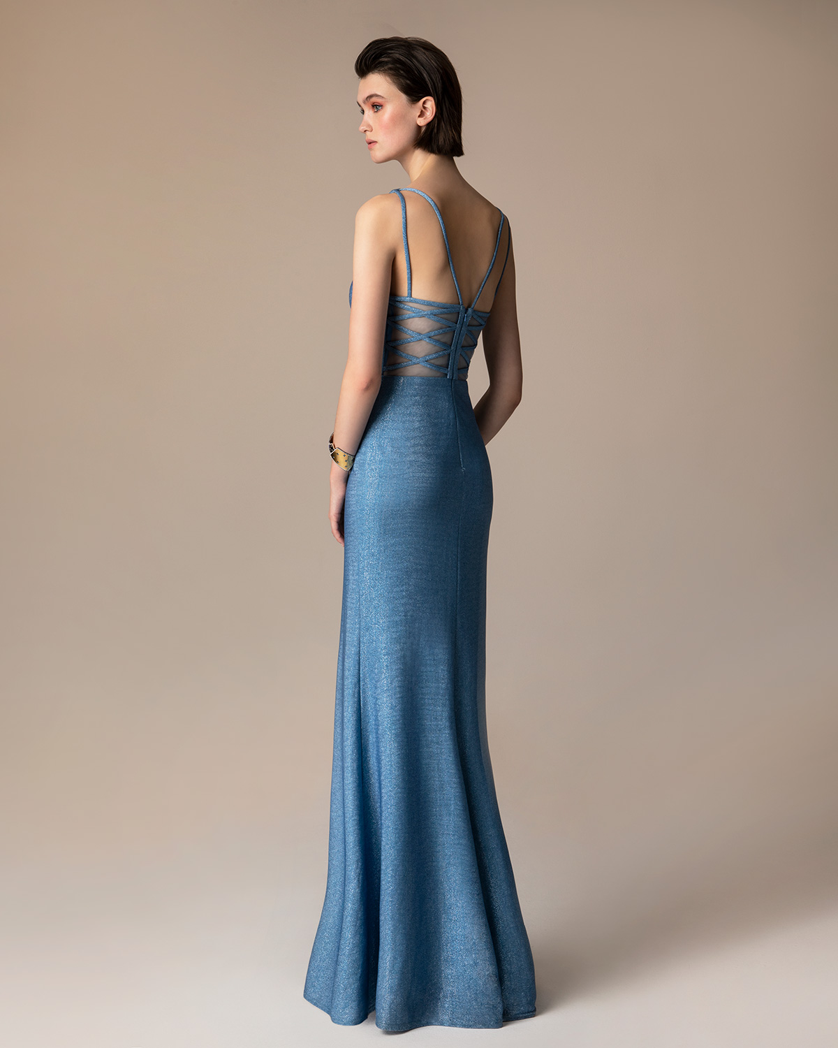 Evening Dresses / Long evening dress with shining fabric and tulle on the back