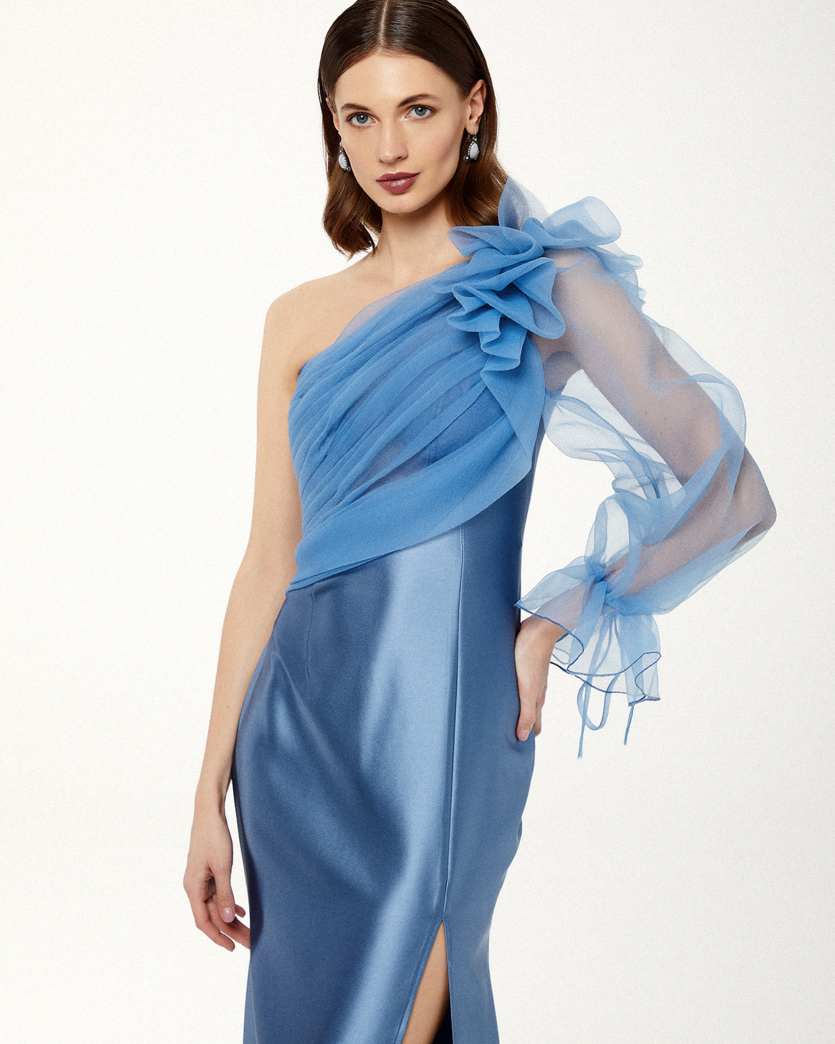Cocktail Dresses / Cocktail long satin dress with one sleeve and top organza