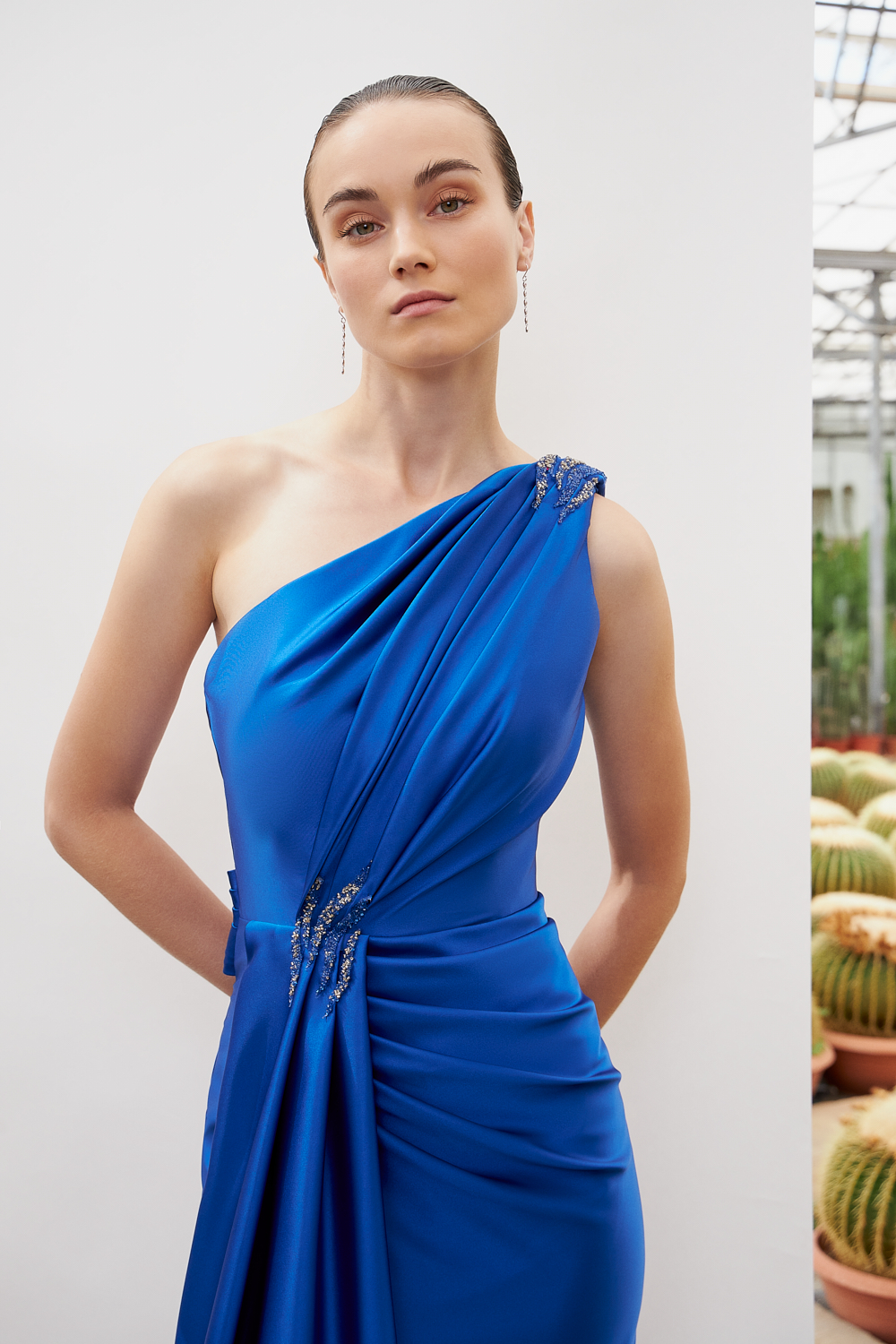 Evening Dresses / One shoulder long evening satin dress with beading on the shoulder and the waist