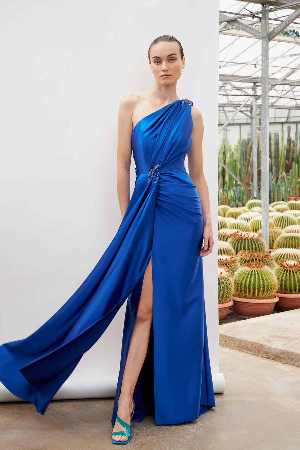 ISABELLA - One shoulder long evening satin dress with beading on the shoulder and the waist