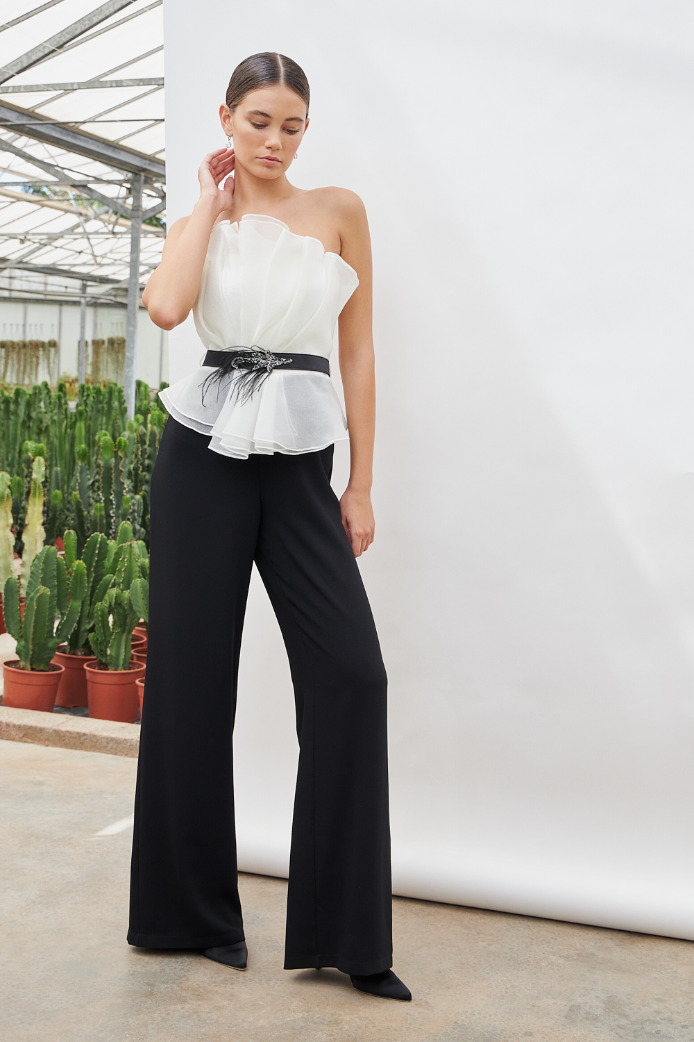 HERMINIA - Cocktail satin strapless jumpsuit with organtza top, straps and belt