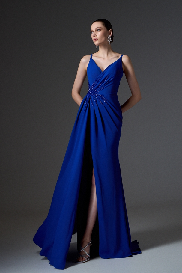Evening long crepe dress with wrap-style embroidered top