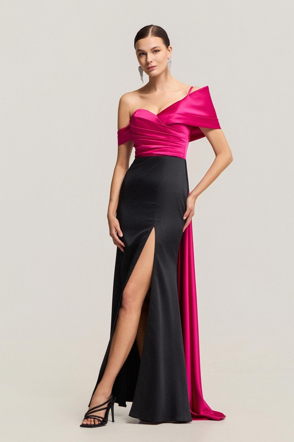 Βραδινό φόρεμα με έναν ώμο, σατέν ύφασμα και κομψή γραμμή