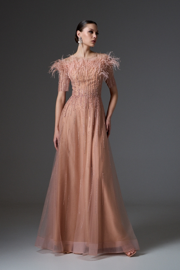 Evening long fully embroidered dress with sleeves and feathers on the top