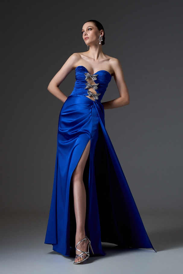 Evening long strapless satin dress with bows on the top