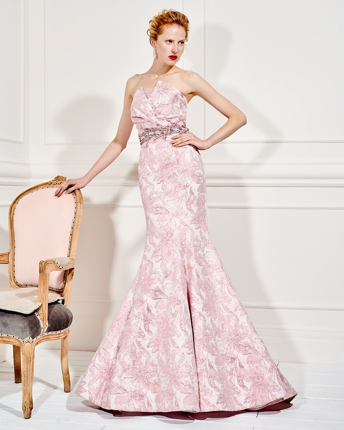 Long evening strapless dress with beading on the waistband