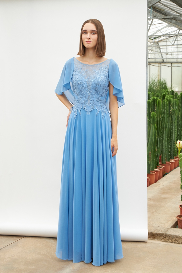 Long classic chiffon dress with lace and beaded top for the mother of the bride