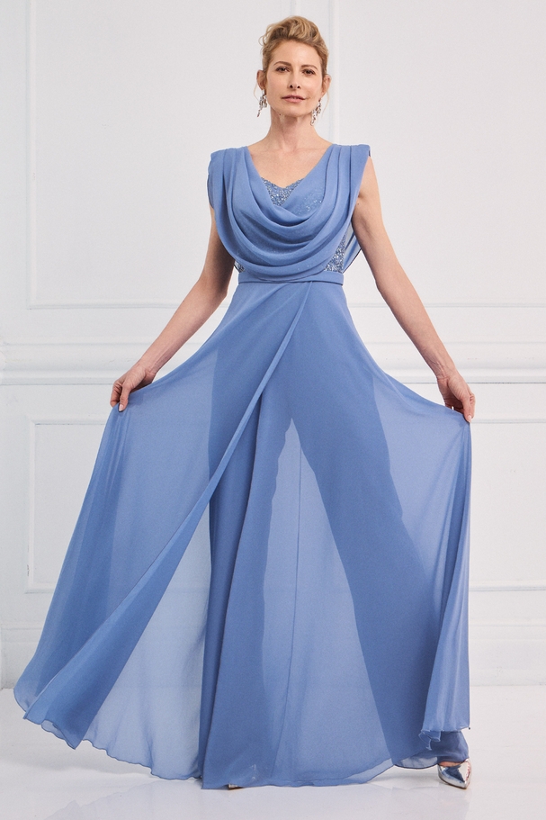 Classic jumpsuit inside with chiffon dress on the outside and fully embroidered top