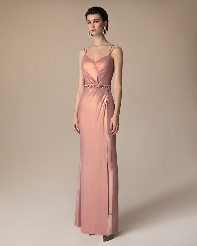 Long evening lurex dress with beading around the waist