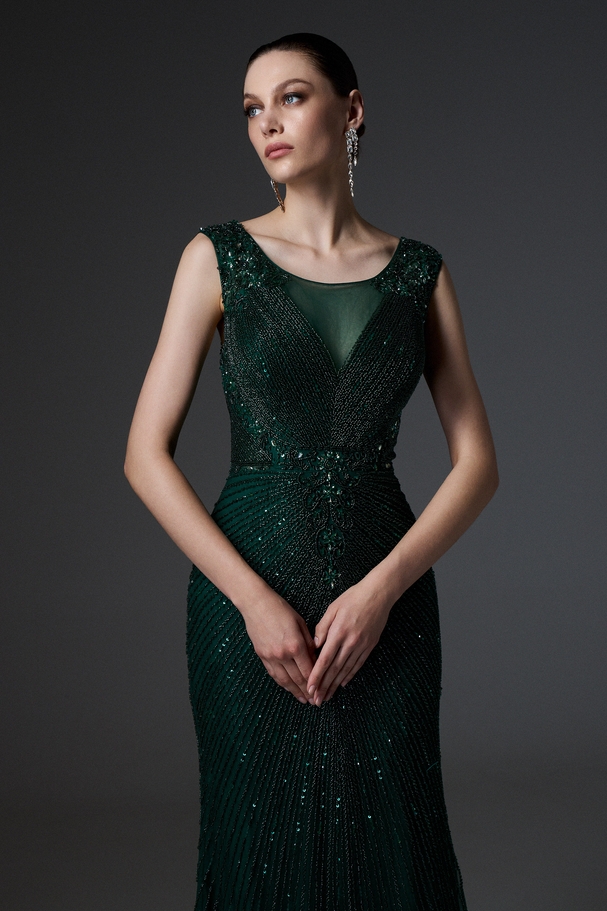 Evening long fully embroidered dress with wide straps