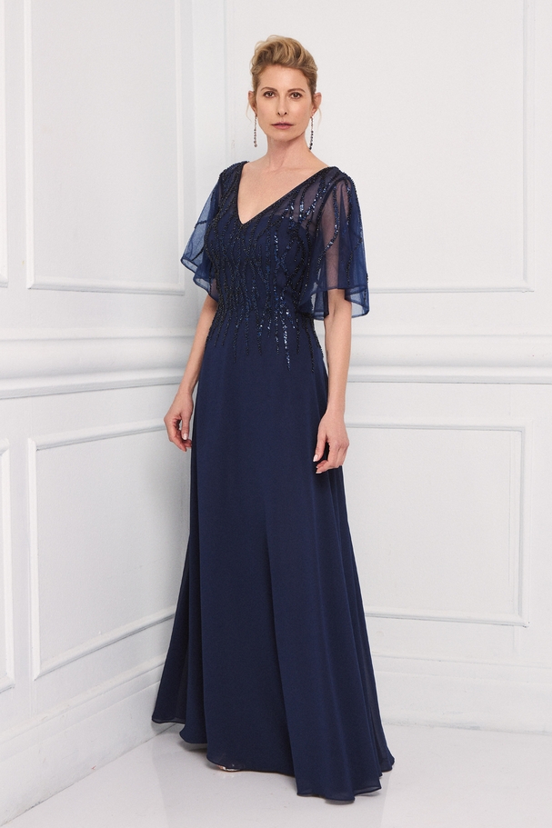 Classic long chiffon dress with fully embroidered top and sleeves