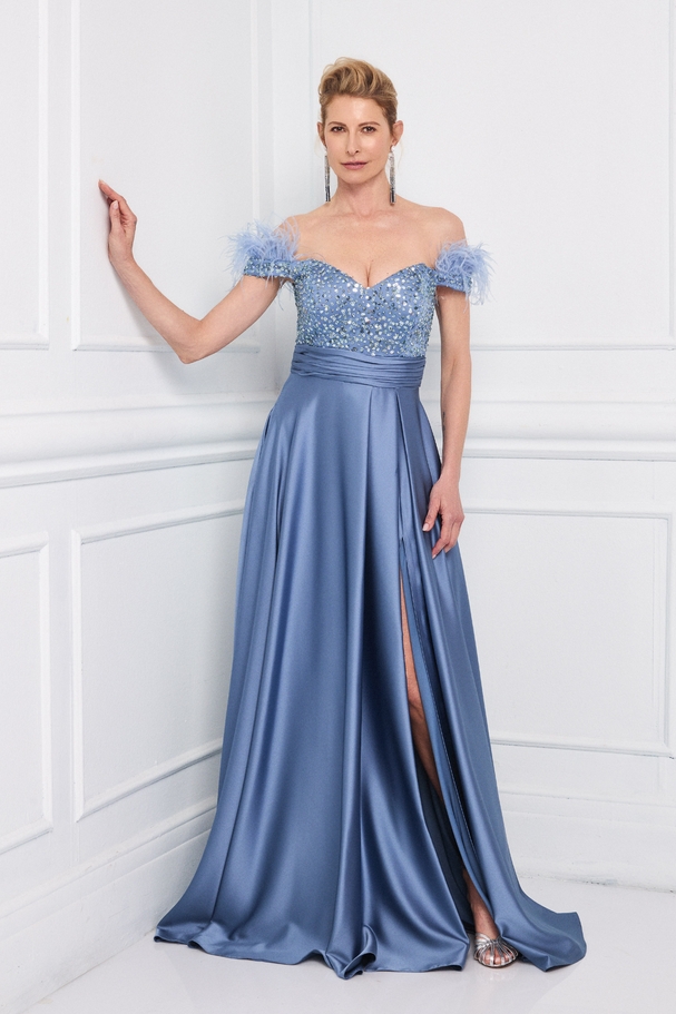 Classic long satin dress with a slit, sleeves, and fully embroidered top with feathers