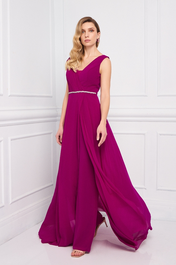 Classic jumpsuit inside with chiffon dress on the outside, embroidered on the shoulder and waist