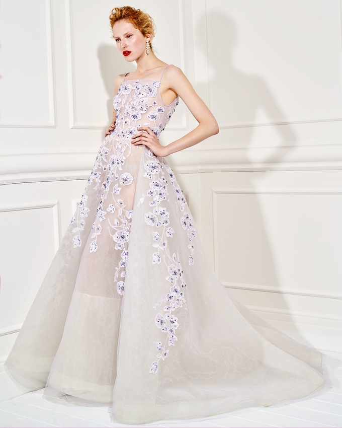 Long evening tulle dress with applique flowers and beading 