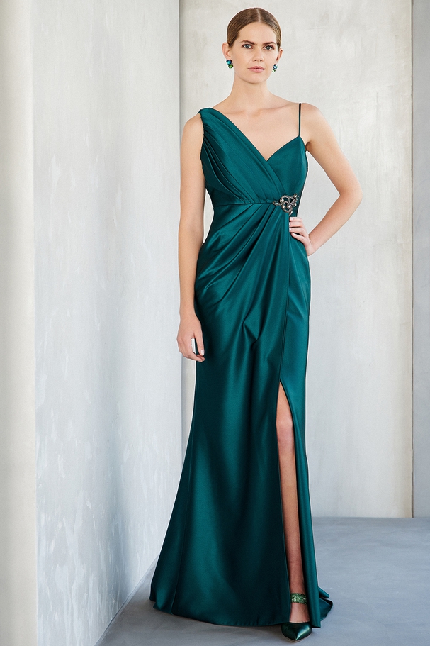 Long cocktail satin dress with straps