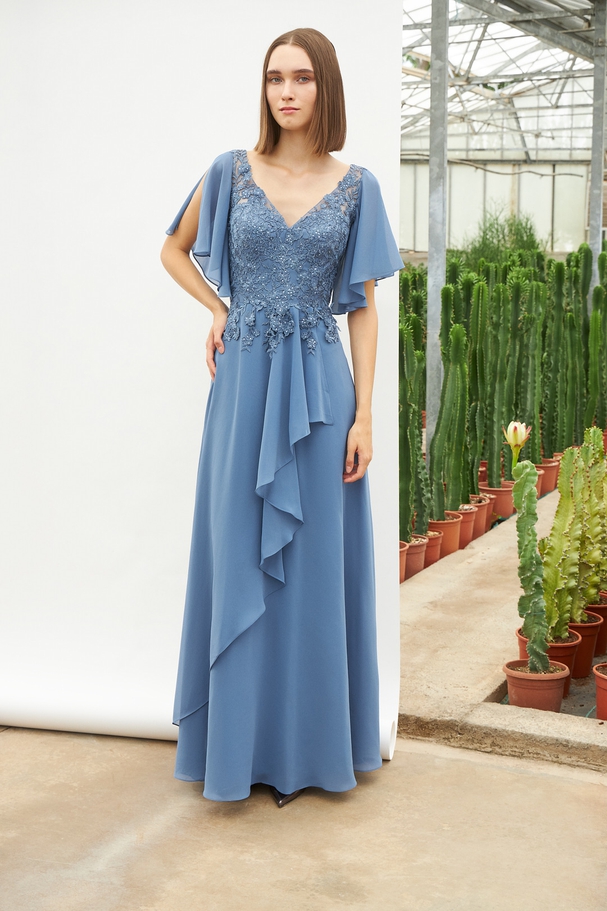Long classic chiffon dress with lace and beaded top and short sleeves