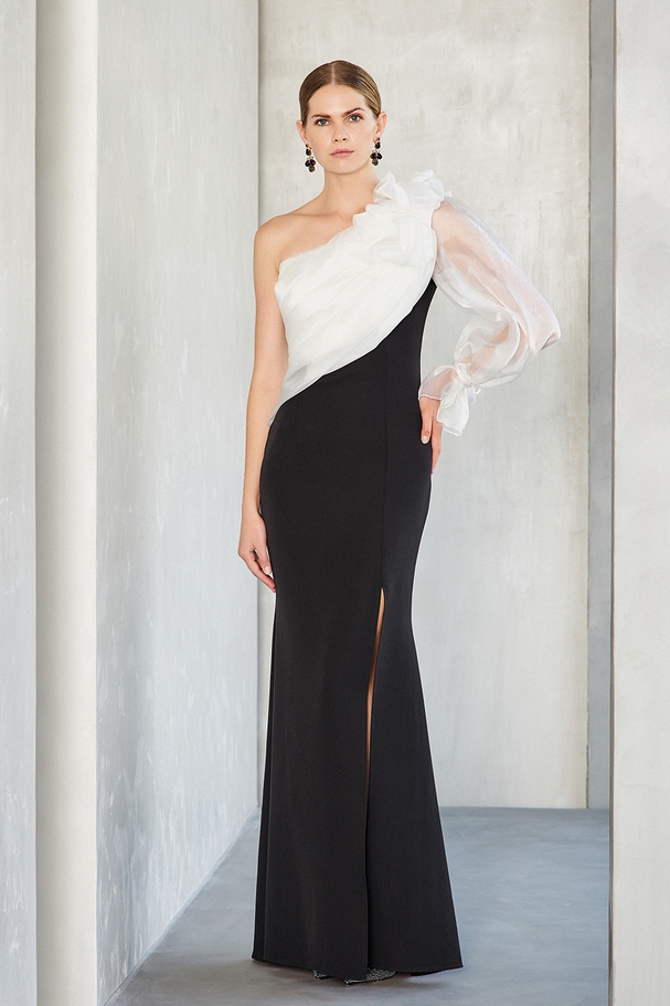 One shoulder long cocktail dress with one long sleeve and top with organza