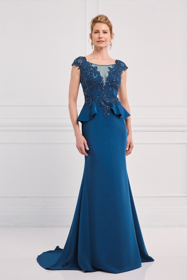 Classic long satin dress with lace top and embroidery