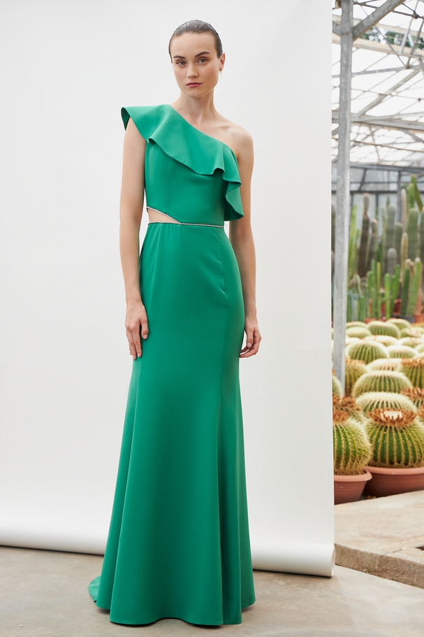 One shoulder cocktail satin dress with beading at the top and the waist