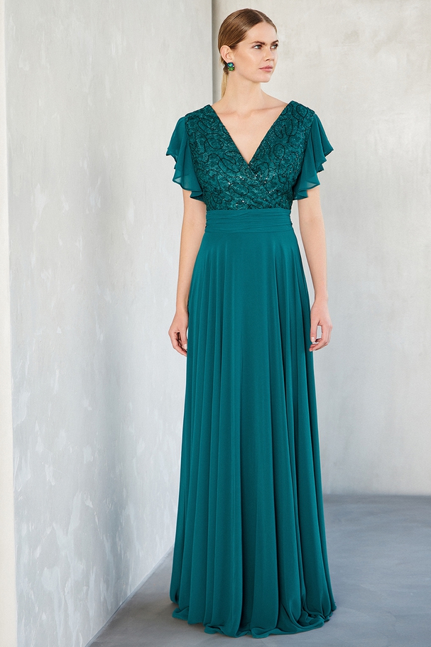 Long evening chiffon dress with lace and beading at the top