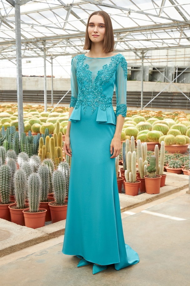 Long classic satin dress with lace,  beaded top and long sleeves