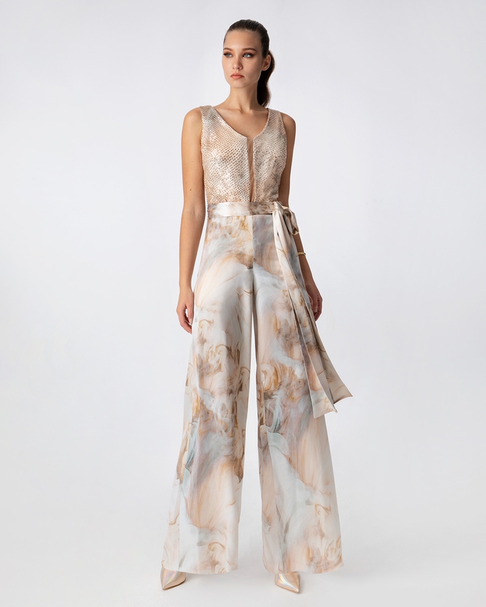 Printed satin jumpsuit with beading