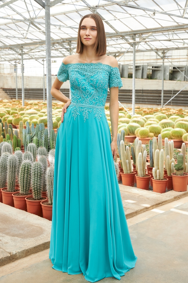 Long classic chiffon dress with lace beaded top and short sleeves