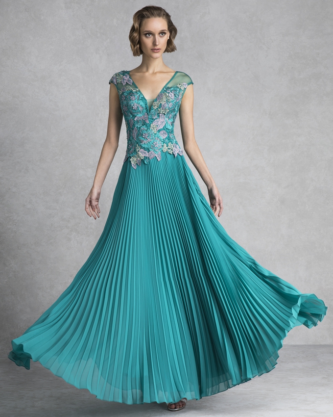 Long evening pleated dress with lace top