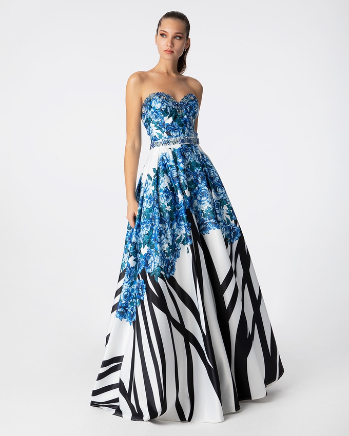 Long cocktail printed satin dress with beaded top and waist