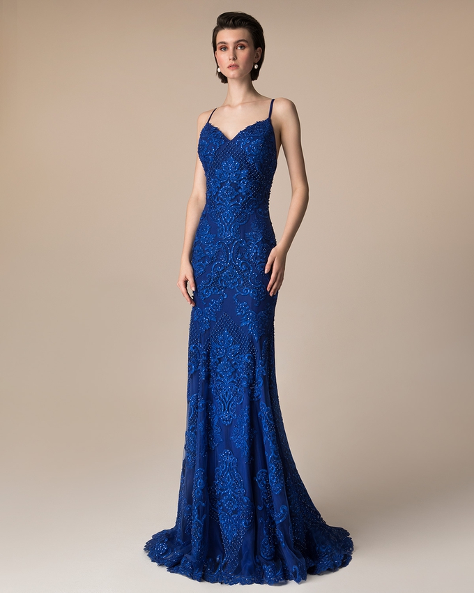 Long evening dress with beading and applique lace