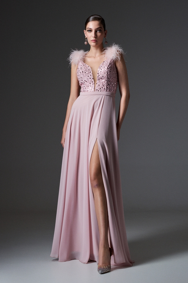 Evening long chiffon dress with embroidered top and feathers on the shoulder