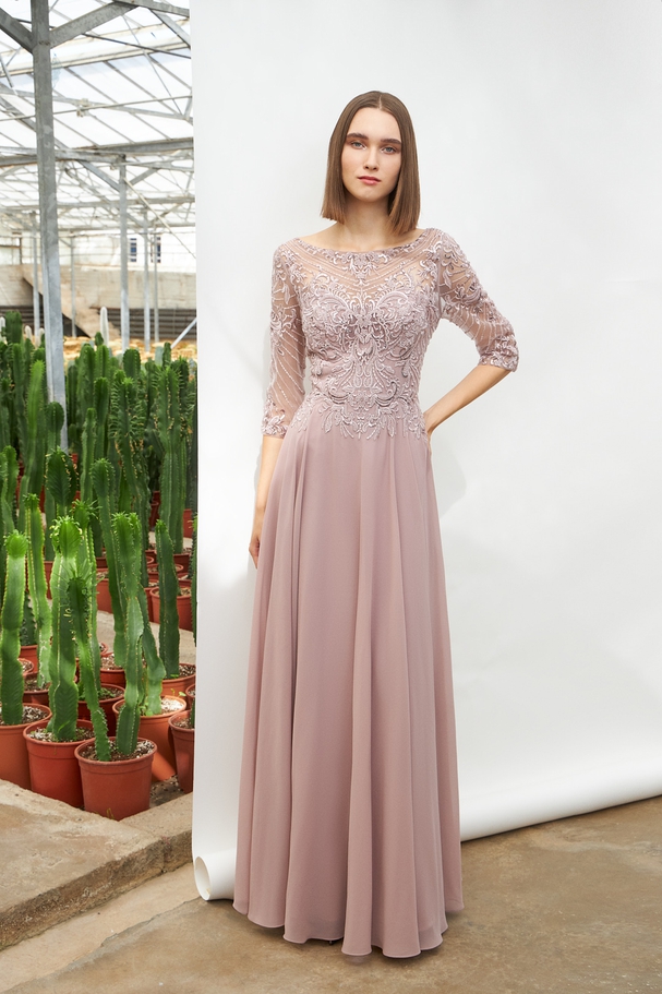 Long classic chiffon dress with beaded top and sleeves