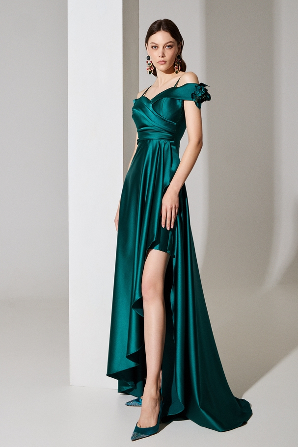 Evening long satin dress with sleeves and ruffle on the side