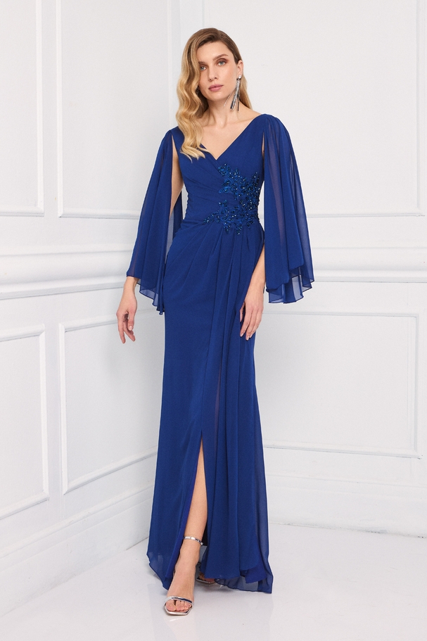 Classic long chiffon dress with embroidered top, long sleeves, and a slit