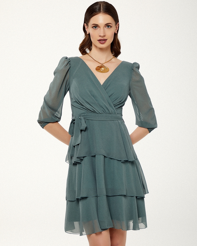 Cocktail short chiffon dress with long sleeves and belt