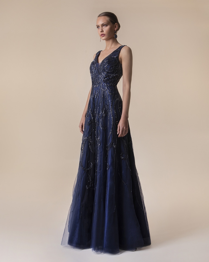 Long evening tulle fully beaded dress with lace