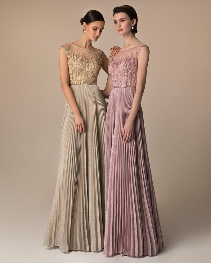 Long evening pleated dress with beaded top