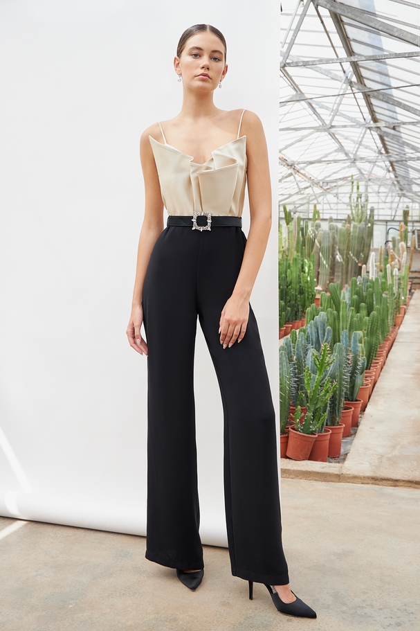 Cocktail crepe jumpsuit with satin top, straps and belt