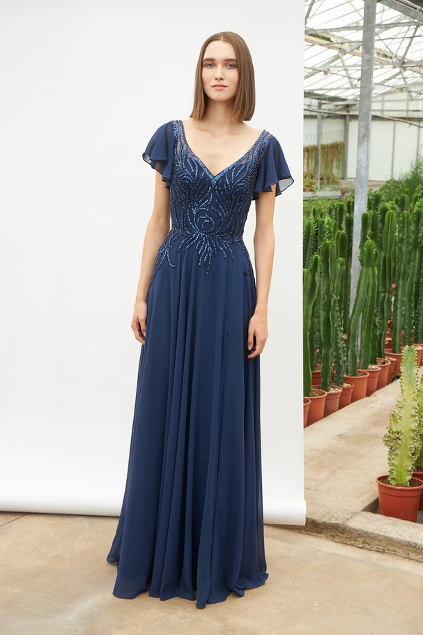 Long classic chiffon dress with beaded top and chiffon sleeves