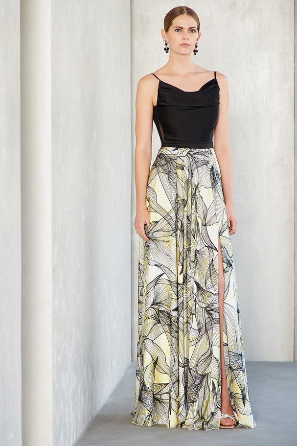 Long cocktail dress with satin printed skirt and solid color top