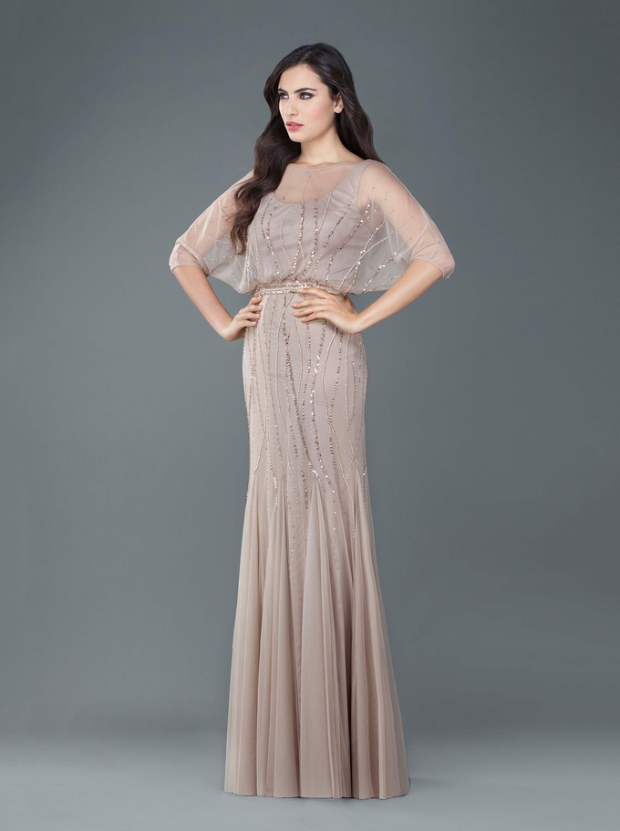Evening long dress with beading and sleeves
