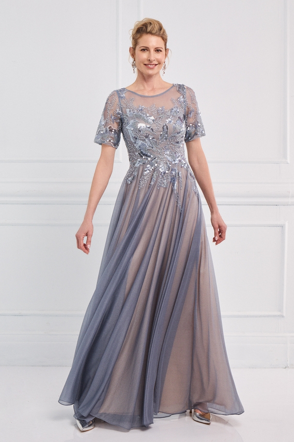 Classic long dress made of shiny fabric with fully embroidered top and 3/4 sleeves