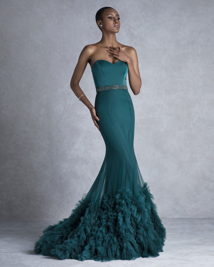 Long evening strapless with beaded belt and ruffles at hem