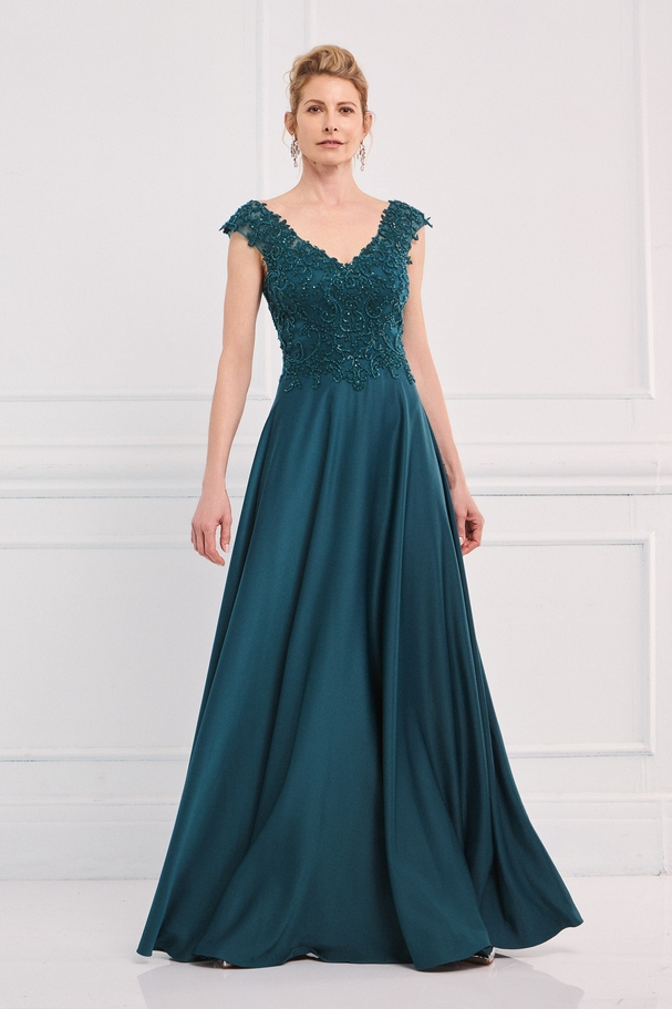 Classic long dress with satin skirt and fully embroidered top with wide straps